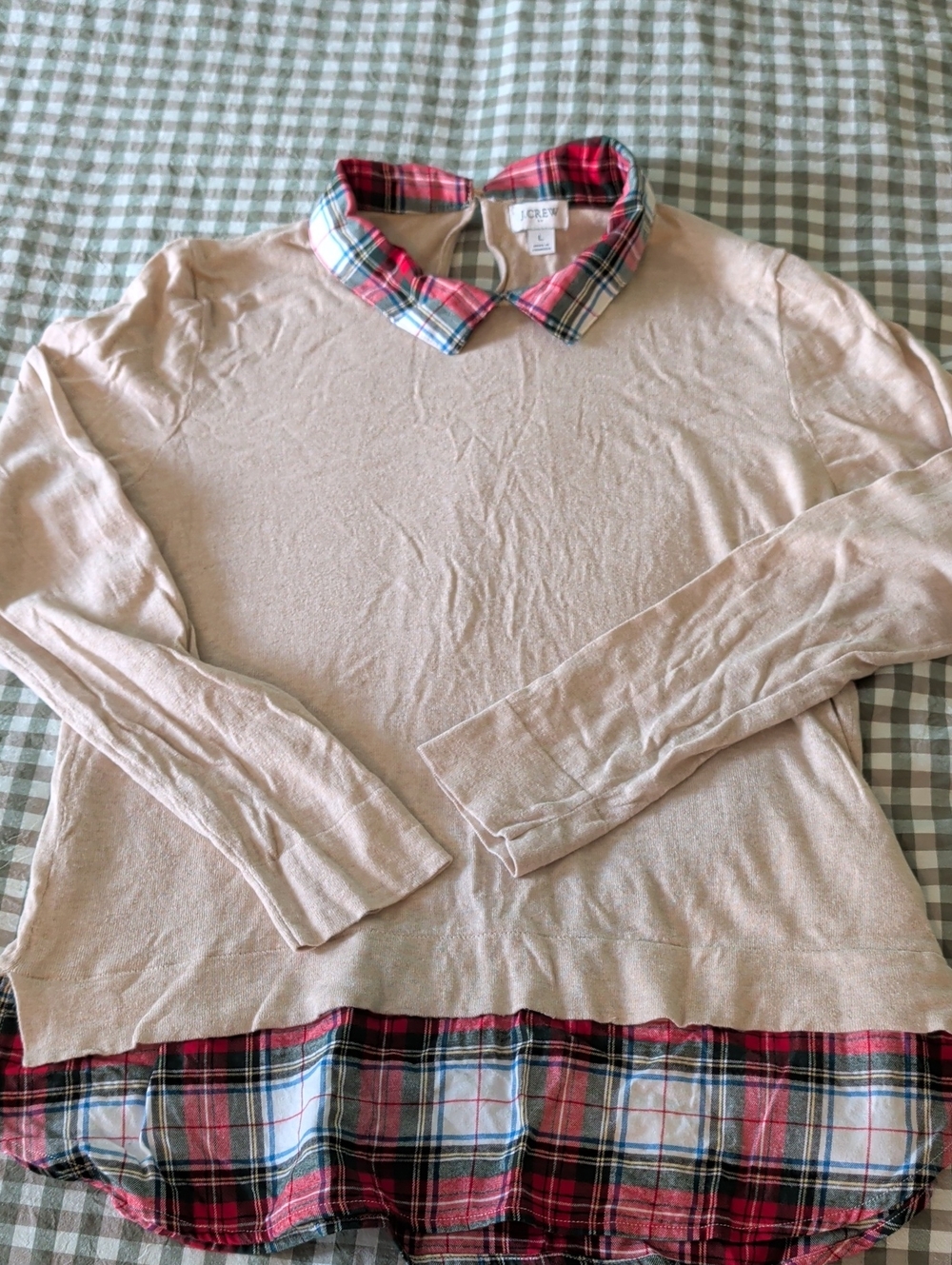 J. Crew Tan Sweater with Red Plaid Collar